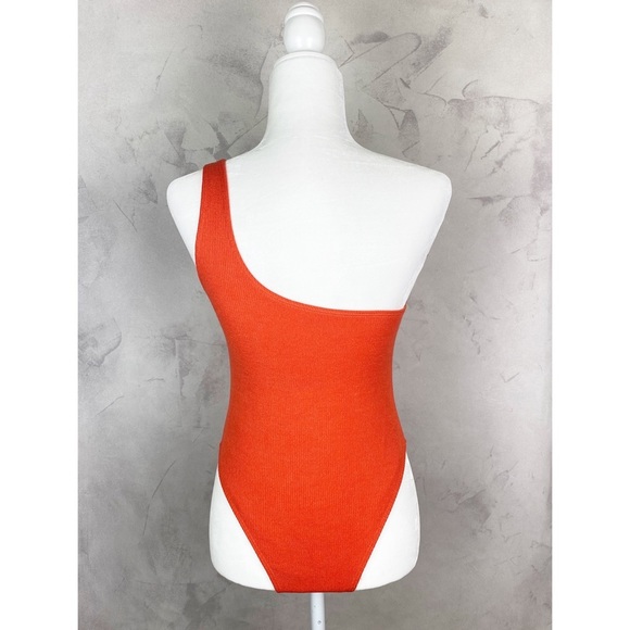 Orange one piece one shoulder knit ribbed swimsuit belted ring faux turtle - Picture 2 of 5